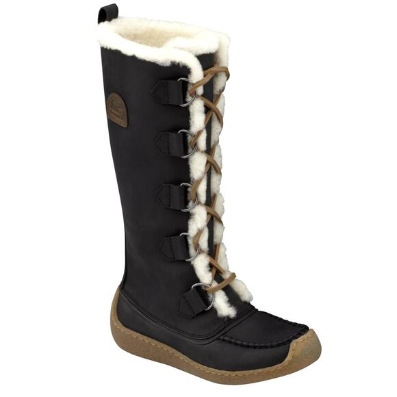 Sorel 8 Chugalug Tall Leather Waterproof Boots $240 Lace Up Fur Trim Black - Picture 1 of 6